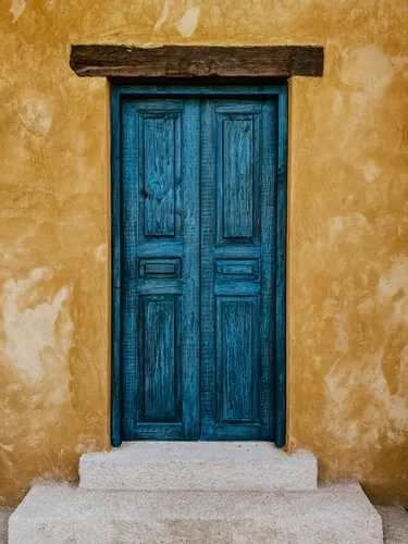 Weathered timber lintel above a blue wooden double door in an ochre plastered wall