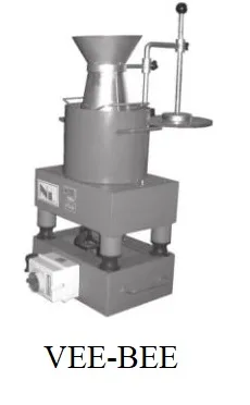 Vee-Bee consistometer: cylindrical pot with cone on a vibrating table base, swivel arm and disc above