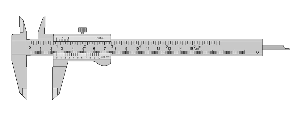 Line drawing of a 150 mm vernier caliper with centimetre and inch scales and a 0.05 mm vernier
