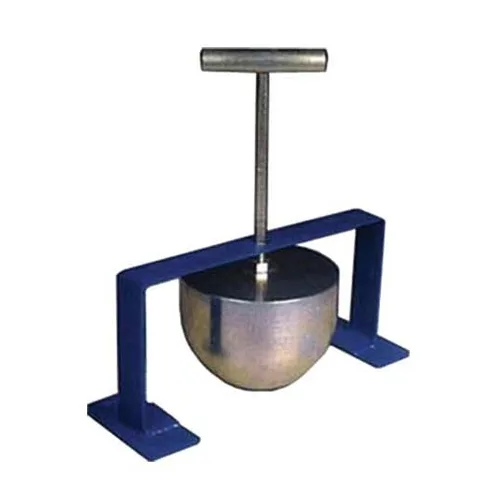 Kelly ball apparatus: metal hemisphere on a vertical rod with T-handle, held in a blue steel frame with two flat feet