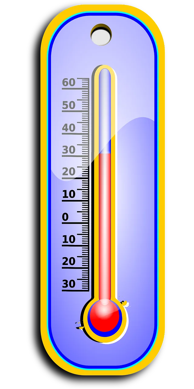 Cartoon thermometer with a red column reading just under 30 on a scale from -30 to 60