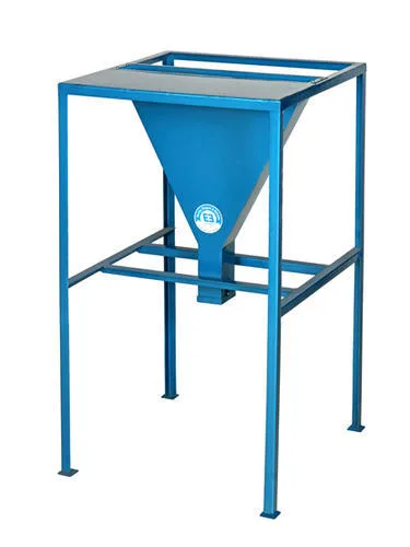 Blue steel V-funnel apparatus mounted vertically on a four-legged stand