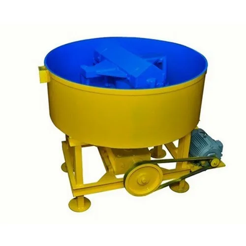 Yellow pan concrete mixer with a blue-lined pan, mixing blades inside and a belt-driven electric motor