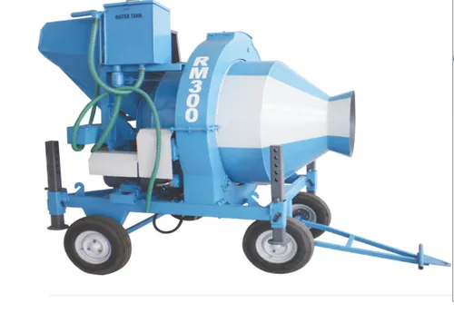 Blue drum concrete mixer marked RM300 with a loading hopper and water tank on a two-wheel towable chassis