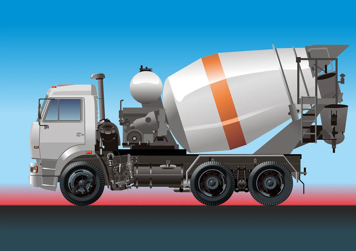 Illustration of a ready-mix concrete transit mixer truck with a white drum and orange stripe