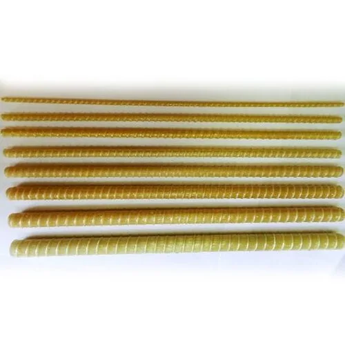 Eight yellow glass fibre reinforced polymer (GFRP) rebars with spiral ribbing