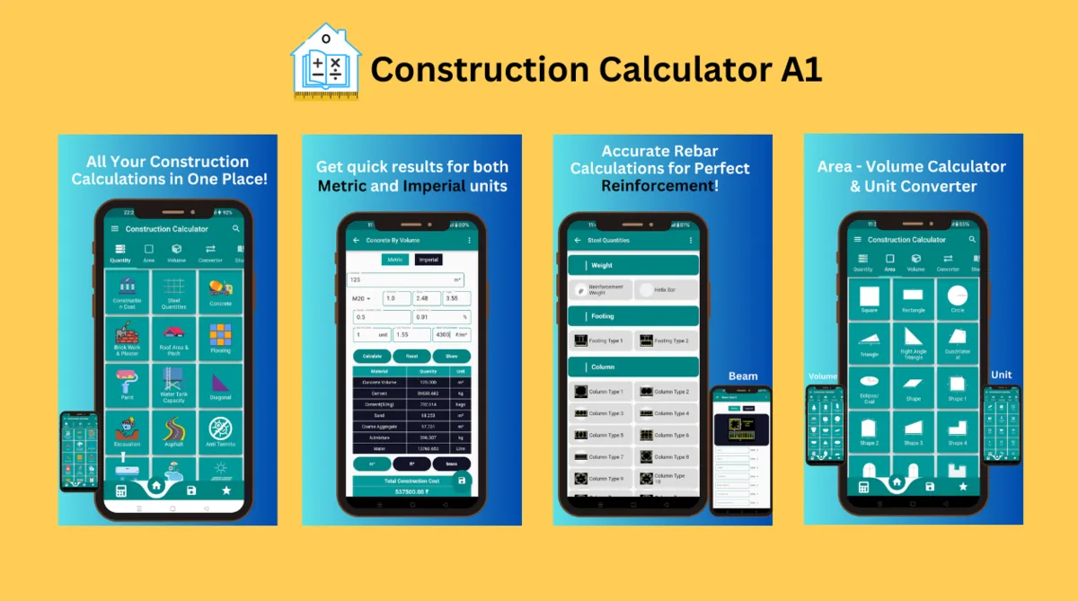 Construction Calculator A1 promo showing quantity menu, concrete by volume, steel quantities and area screens