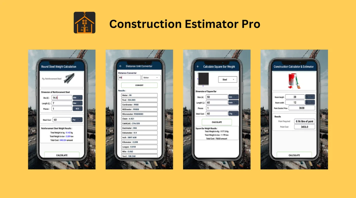 Construction Estimator Pro by Qvik Team: round steel weight, distance unit converter, square bar weight and paint screens