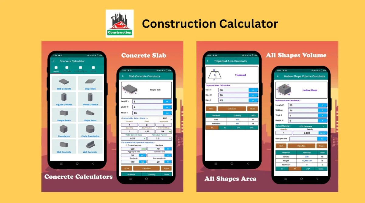Construction Calculator by MrT Tech: concrete calculator menu, slab concrete, trapezoid area and hollow volume screens