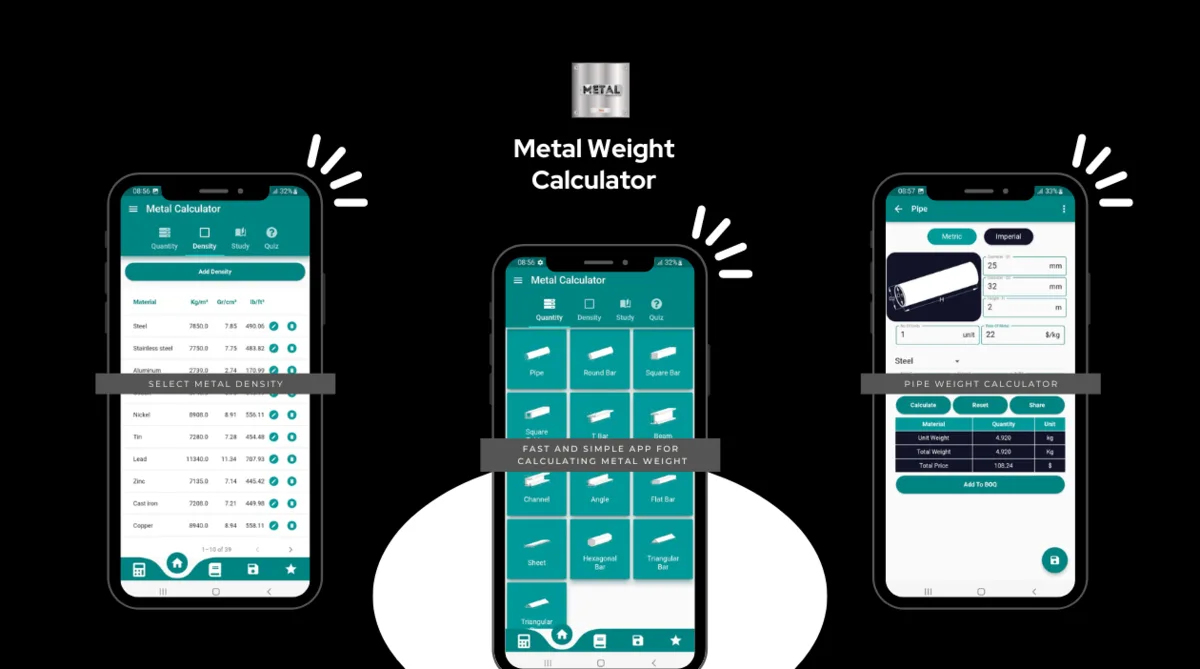 Metal Weight Calculator screens: material density list, shape menu and pipe weight calculator result