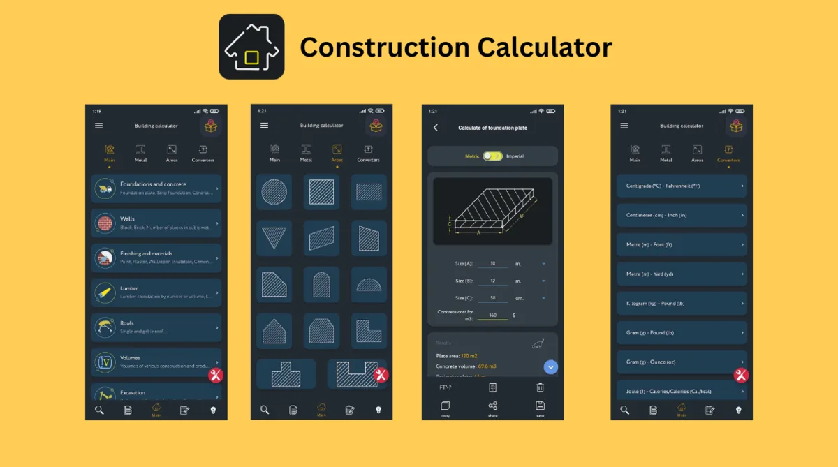 Construction Calculator by Will Maze: dark-theme main menu, area shapes grid, foundation plate calculation and converters