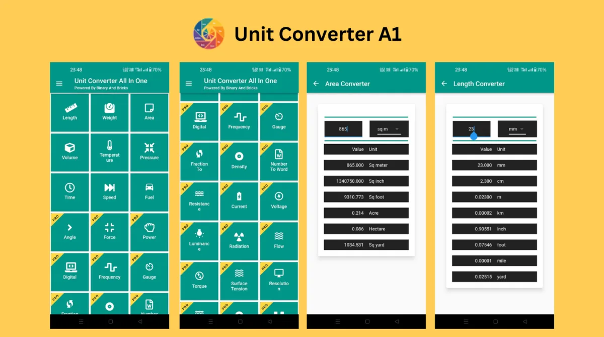 Unit Converter A1 screens: converter category grid with Pro badges, area converter and length converter