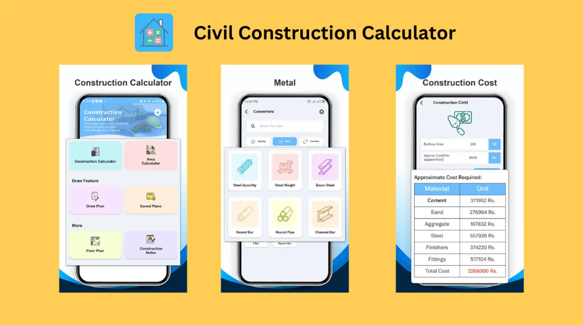 Civil Construction Calculator by cPcTech: home menu, metal and steel calculators, and construction cost estimate in rupees