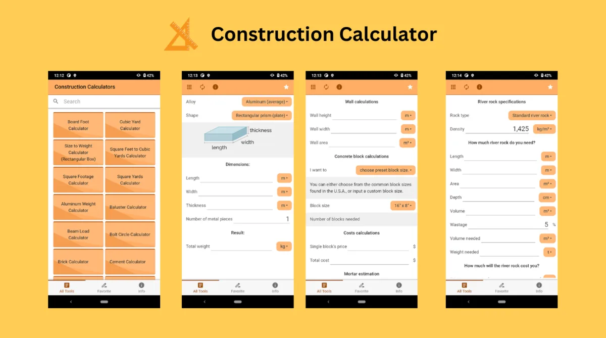 Construction Calculator by Brox Team: calculator list, aluminium weight, concrete block and river rock screens