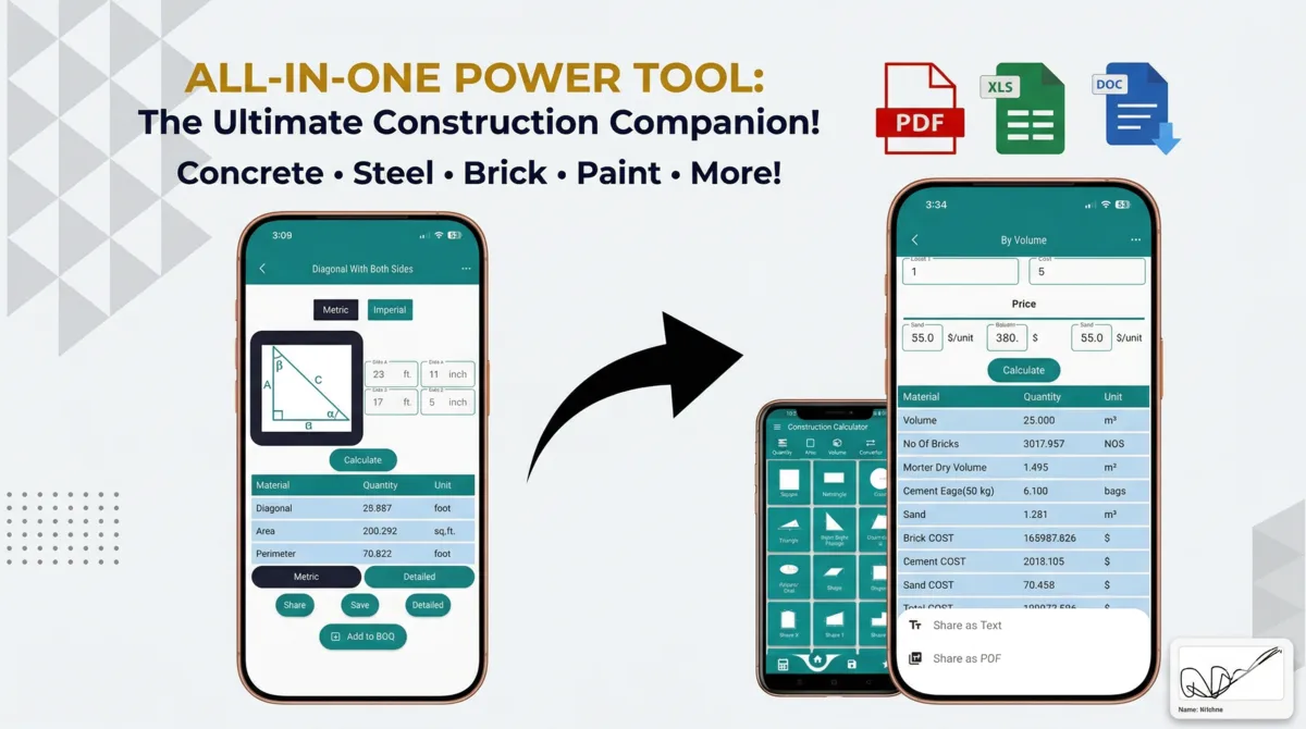 Construction Calculator A1 banner: diagonal area calculator, brick quantity and cost table, and PDF, XLS and DOC icons