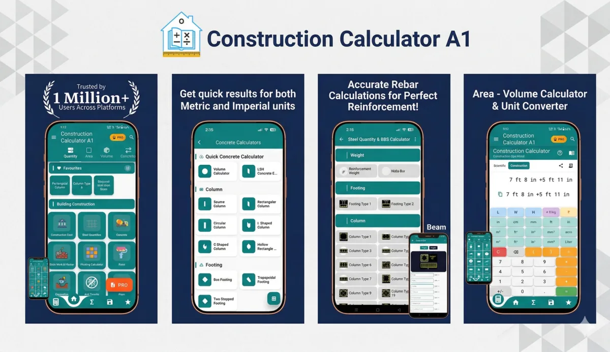 Construction Calculator A1 promo: home, Concrete Calculators, Steel & BBS Calculator and feet-inch calculator screens