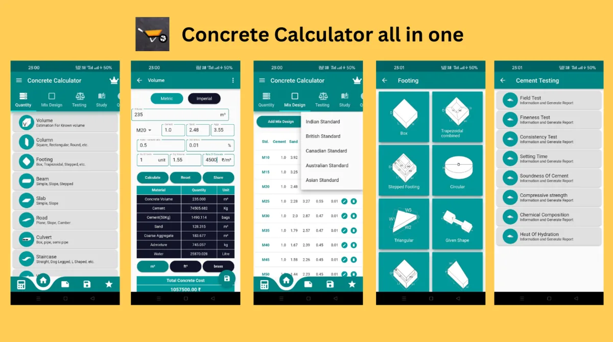 Concrete Calculator All in One: quantity list, volume result, mix design standards, footing shapes, cement tests