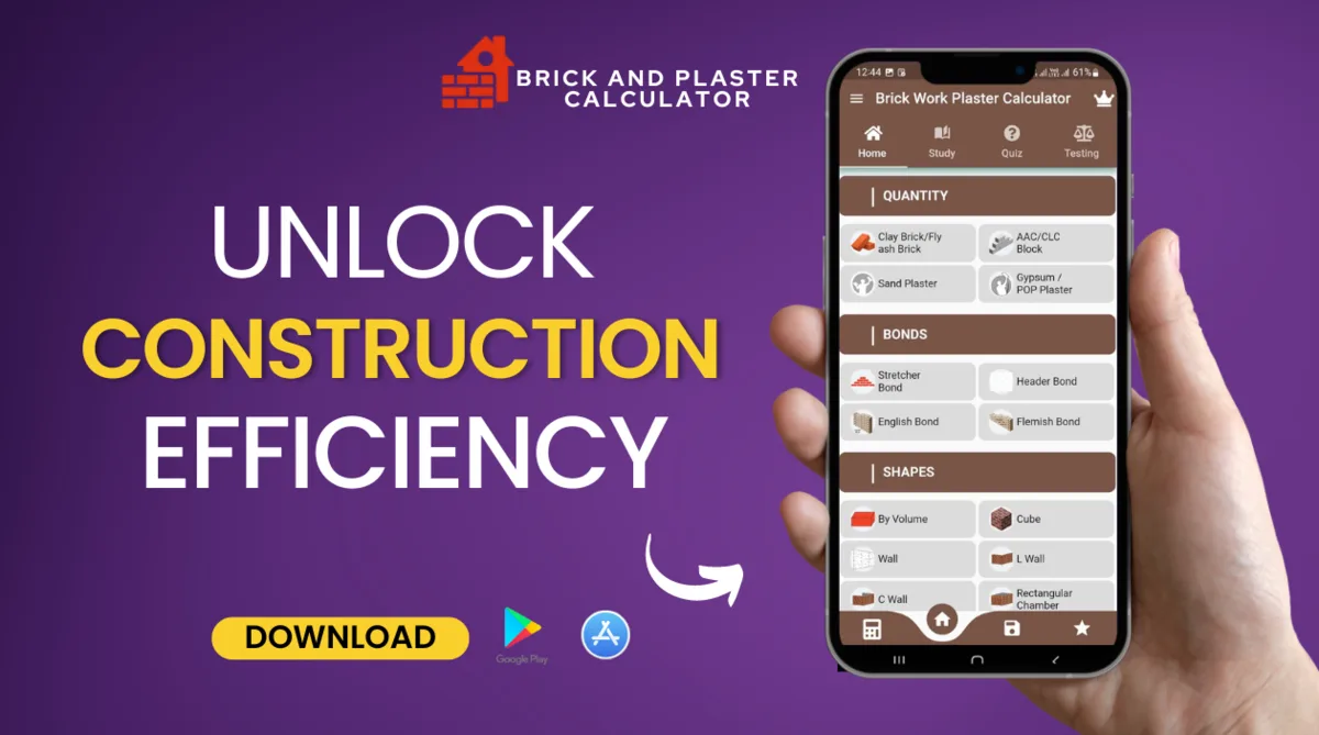 Brick and Plaster Calculator promo with a phone showing the home screen: quantity, bonds and shapes sections