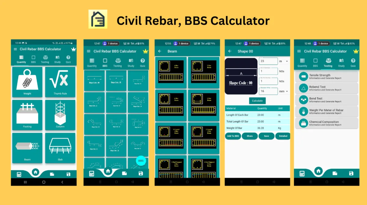 Civil Rebar BBS Calculator screens: quantity menu, shape codes, beam types, shape 00 result and testing list