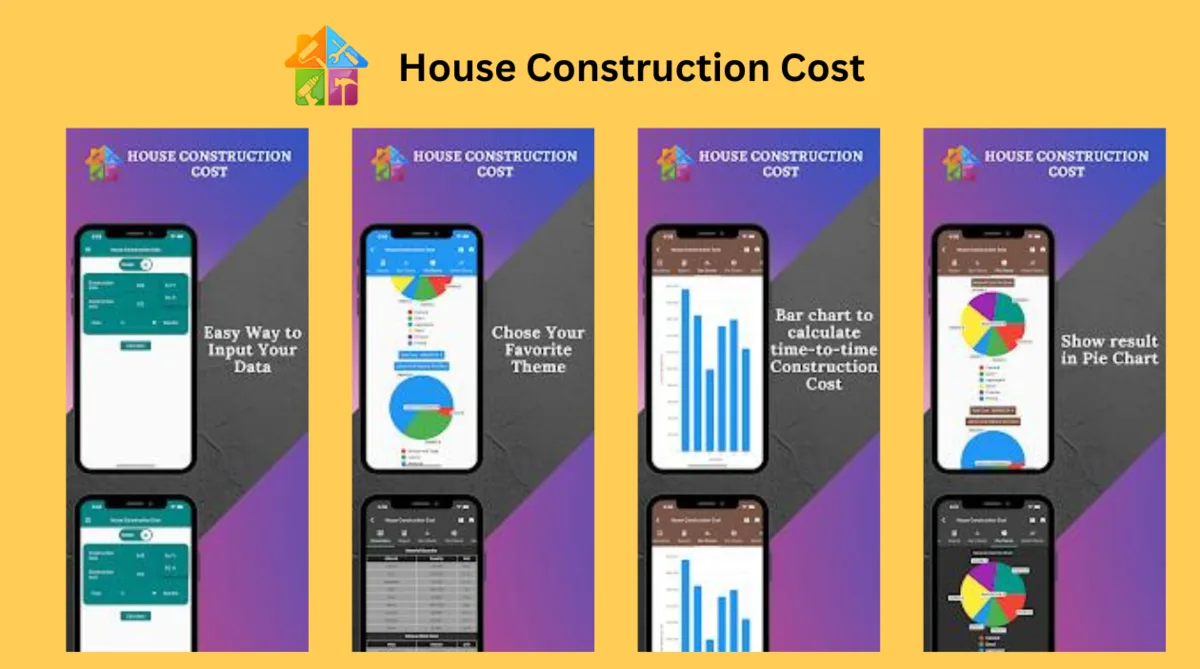 House Construction Cost promo panels: data input, theme choice, bar chart and pie chart result screens