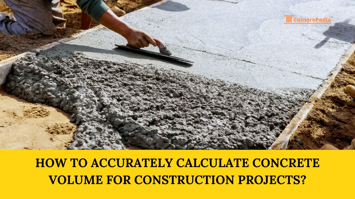 Worker smoothing a freshly poured concrete slab with a float, above a yellow banner carrying the post title