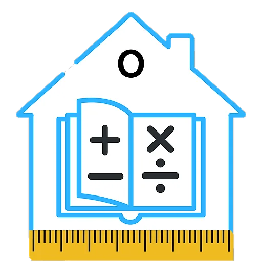 Construction Calculator A1 icon: blue house outline, open book with plus, minus, multiply and divide signs, yellow ruler